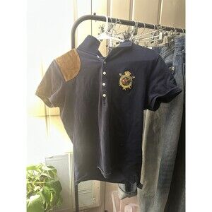 Girls Polo Ralph Lauren Equestrian Polo Suede Navy Shirt Size XL Blue
